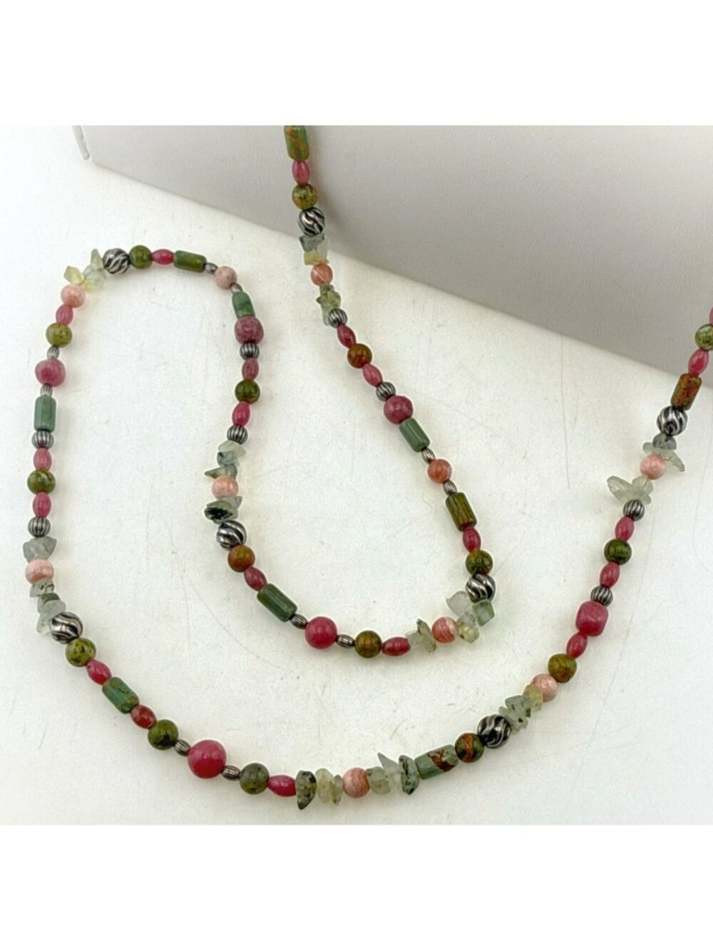 Carolyn Pollack Necklace Green Turquoise Pink Rhodonite Sterling Silver Gem 36"